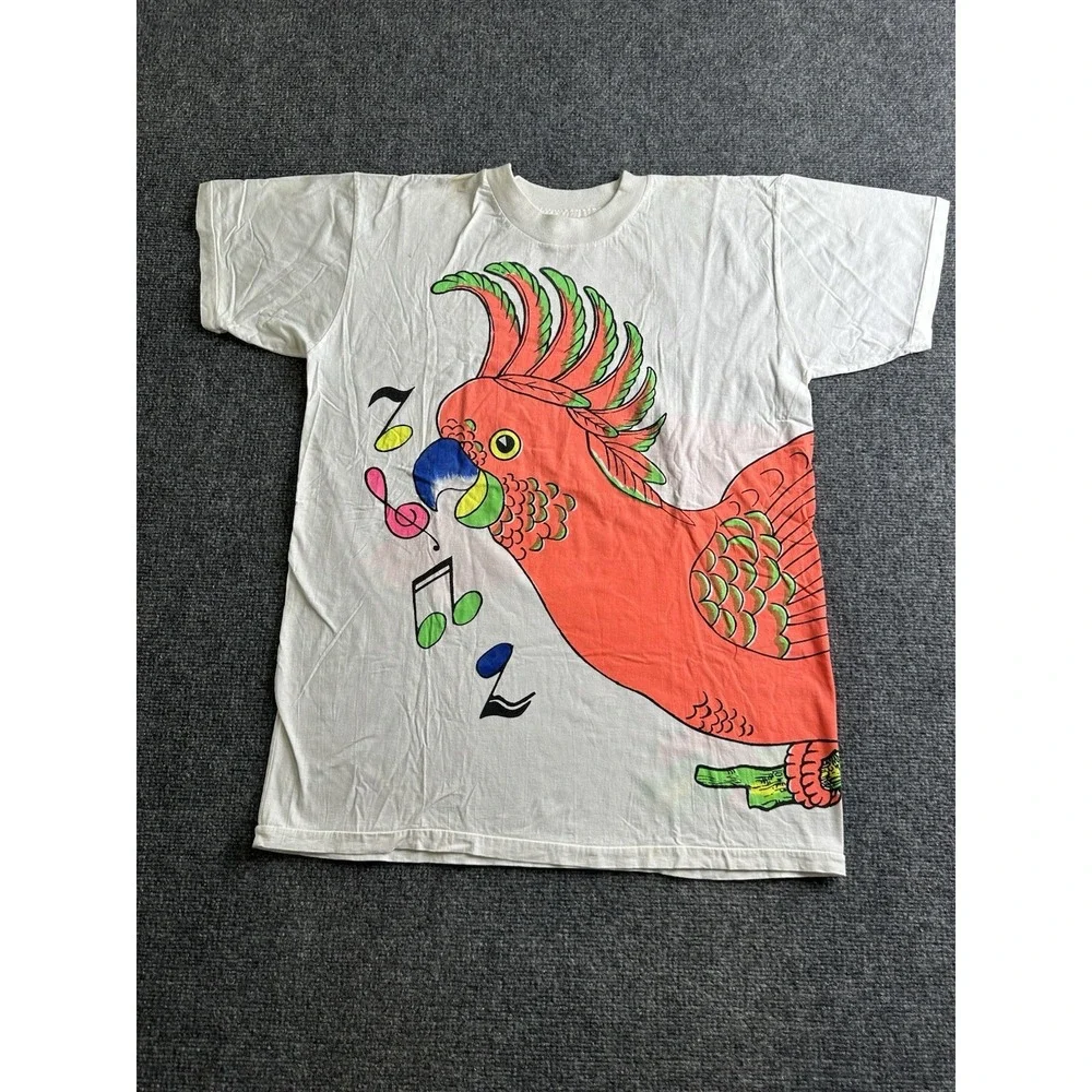 Mens Cockatoo Parrot Graphic White T-Shirt Made in Indonesia, Size M